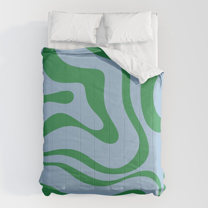 Modern Retro Liquid Swirl Abstract Pattern in Green and Light Blue Comforter Gallery Image 6