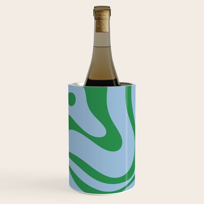 Modern Retro Liquid Swirl Abstract Pattern in Green and Light Blue Wine Chiller Gallery Image 1