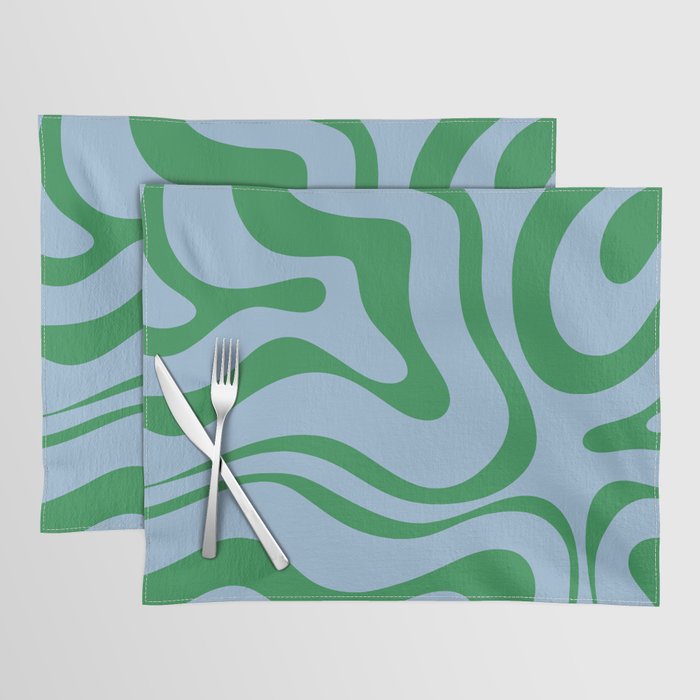 Modern Retro Liquid Swirl Abstract Pattern in Green and Light Blue Placemat Gallery Image 1