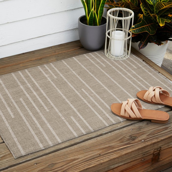 Boho Minimal Neutral Stripes Pattern Outdoor Rug Gallery Image 2