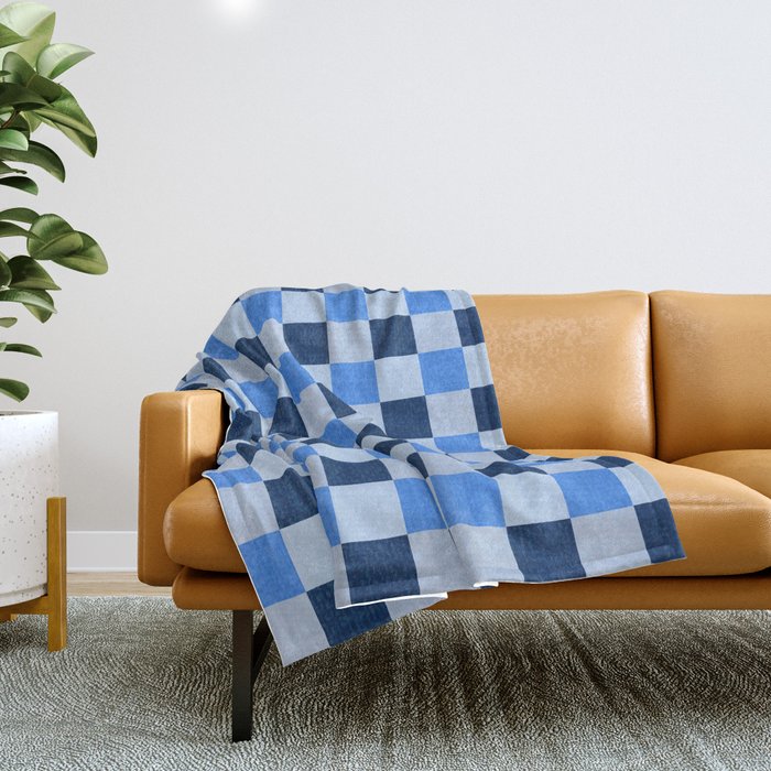 French Ocean Blue Checks Pattern Throw Blanket Gallery Image 1