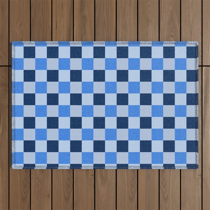 French Ocean Blue Checks Pattern Outdoor Rug Gallery Image 1