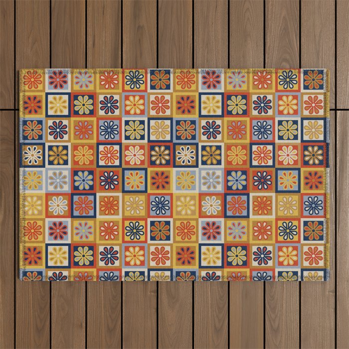 Retro Colorful Flower Checkerboard Outdoor Rug Gallery Image 1