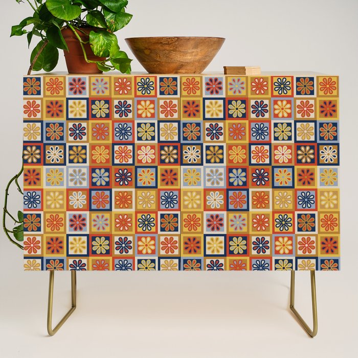 Retro Colorful Flower Checkerboard Credenza Gallery Image 1