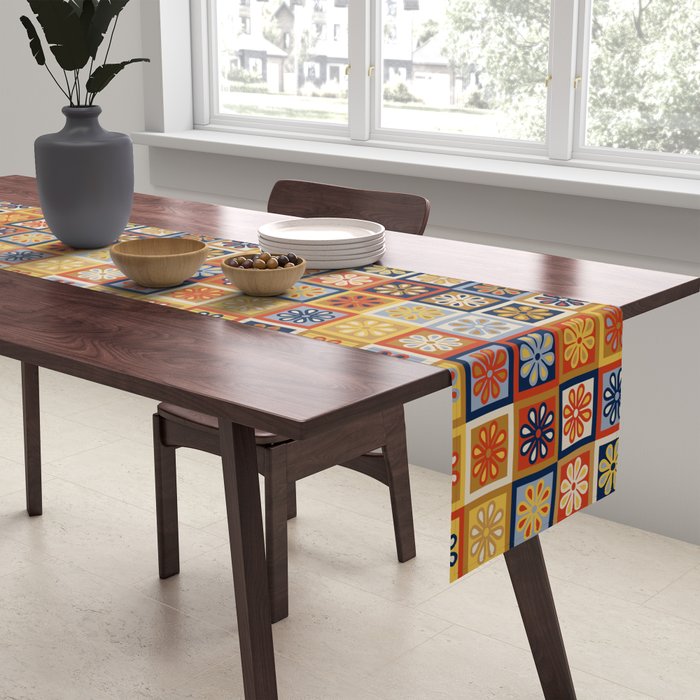 Retro Colorful Flower Checkerboard Table Runner Gallery Image 2