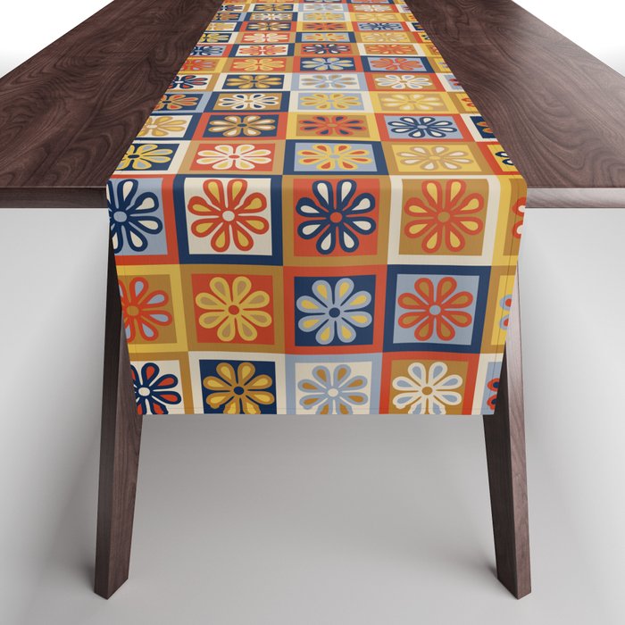 Retro Colorful Flower Checkerboard Table Runner Gallery Image 1