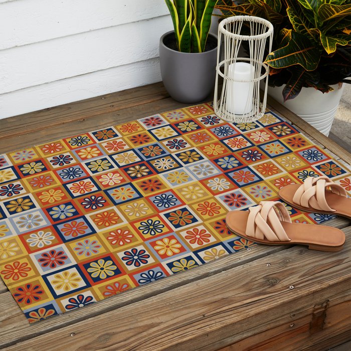 Retro Colorful Flower Checkerboard Outdoor Rug Gallery Image 2