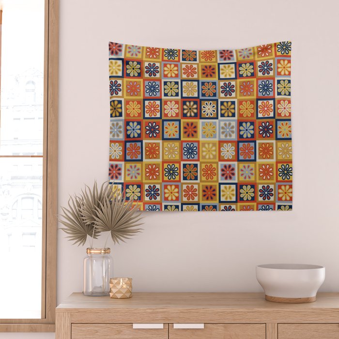 Retro Colorful Flower Checkerboard Wall Tapestry Gallery Image 2
