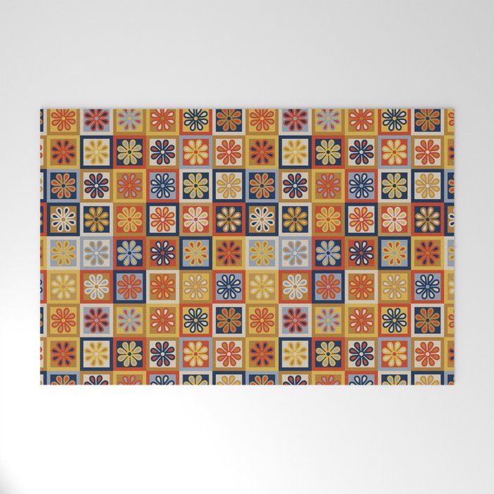 Retro Colorful Flower Checkerboard Welcome Mat Gallery Image 1