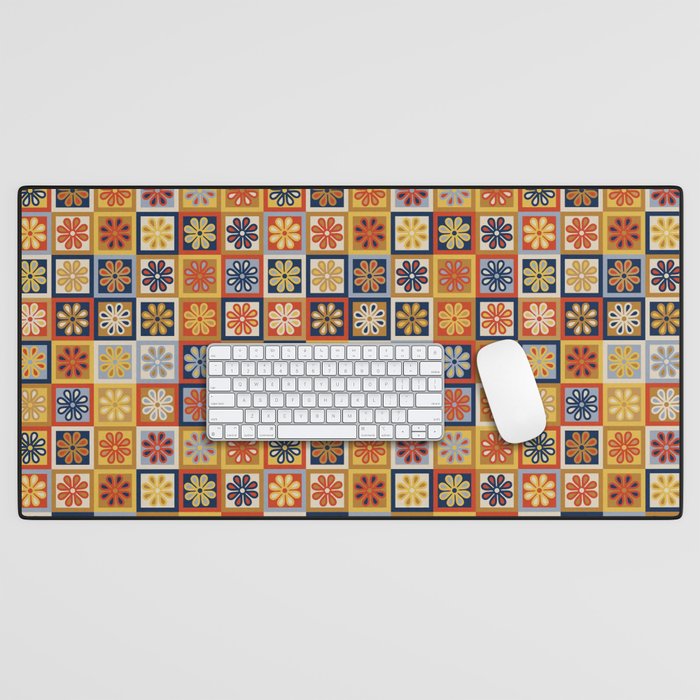 Retro Colorful Flower Checkerboard Desk Mat Gallery Image 1