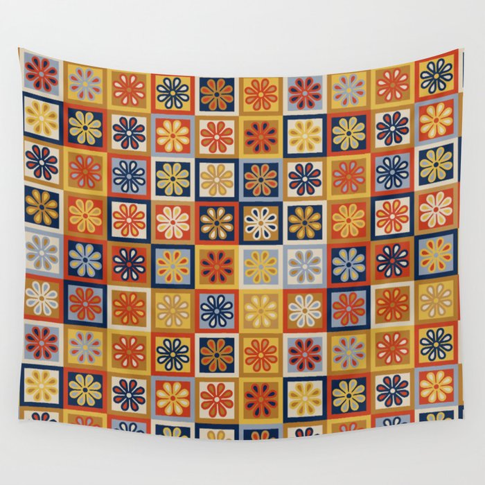 Retro Colorful Flower Checkerboard Wall Tapestry Gallery Image 1