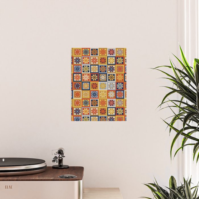 Retro Colorful Flower Checkerboard Poster Gallery Image 2
