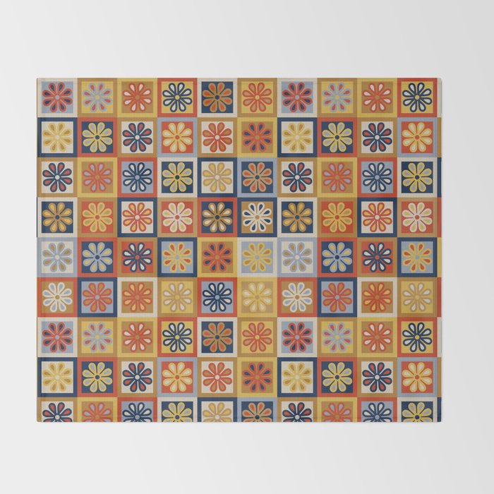 Retro Colorful Flower Checkerboard Throw Blanket Gallery Image 2