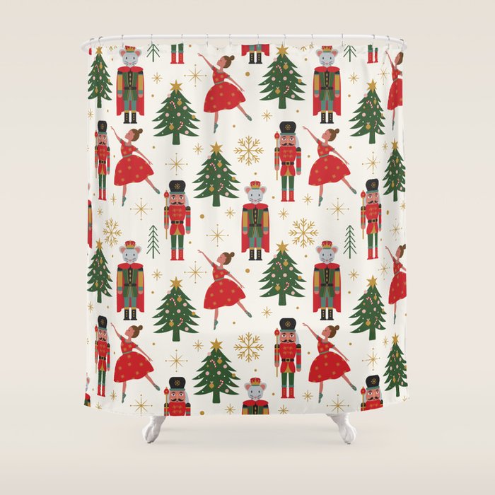 Retro Nutcracker and Ballerina Christmas Pattern Shower Curtain Gallery Image 1