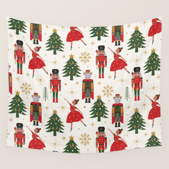 Retro Nutcracker and Ballerina Christmas Pattern Wall Tapestry Gallery Image 4