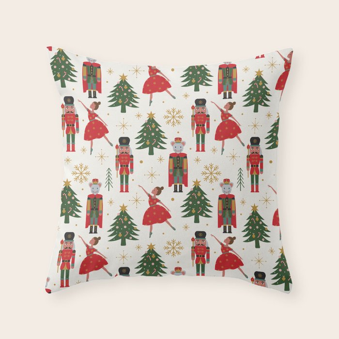 Retro Nutcracker and Ballerina Christmas Pattern Throw Pillow Gallery Image 1