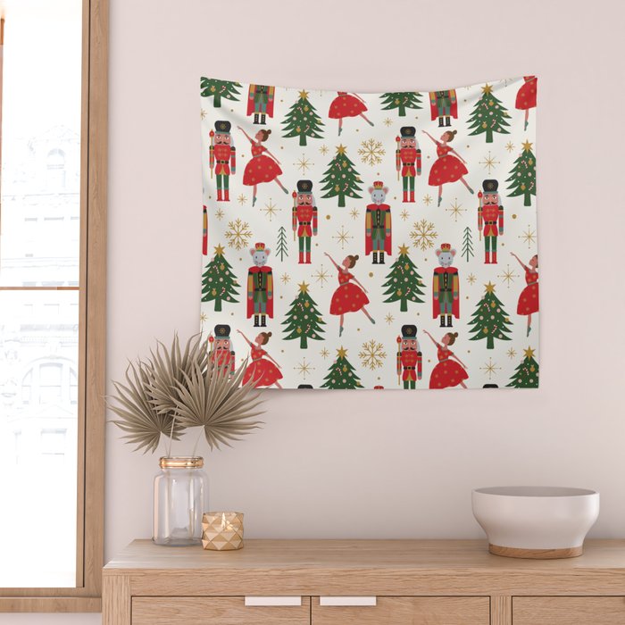 Retro Nutcracker and Ballerina Christmas Pattern Wall Tapestry Gallery Image 2