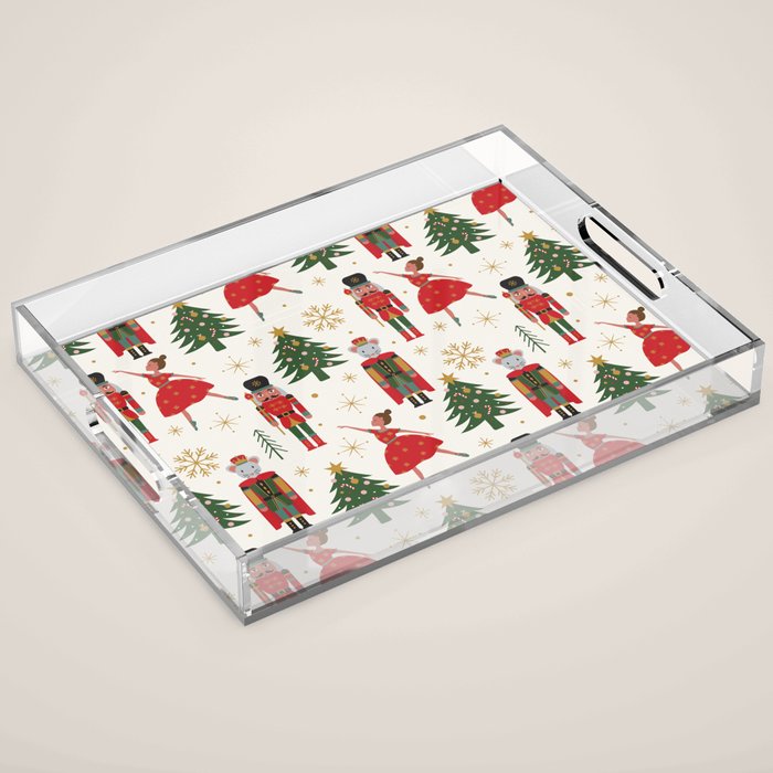 Retro Nutcracker and Ballerina Christmas Pattern Acrylic Tray Gallery Image 1