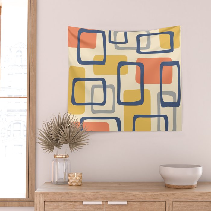Mid Century Modern Abstract Squares Pattern 456 Wall Tapestry Gallery Image 2