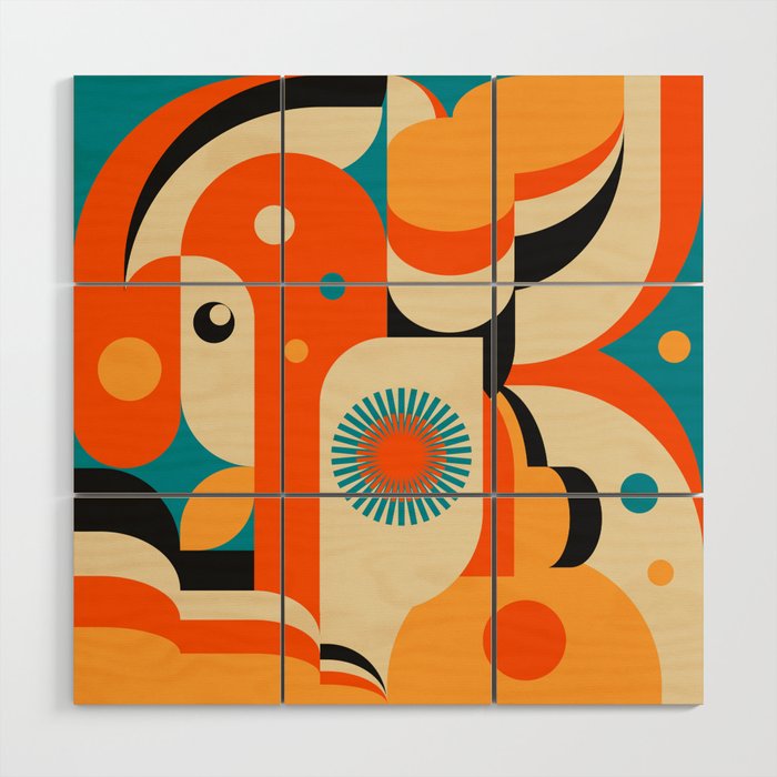 Retro Geometric Abstract Girl and Landscape Illustration Wood Wall Art Gallery Image 1