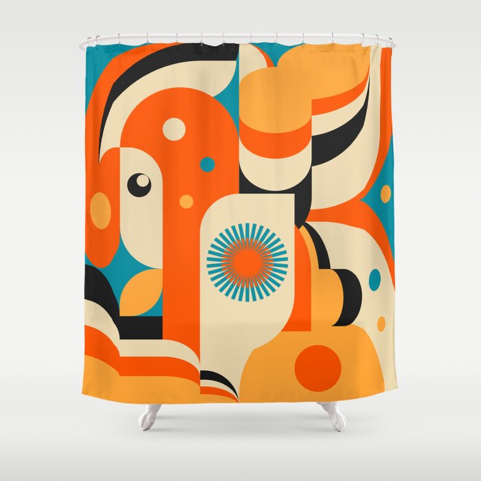 Retro Geometric Abstract Girl and Landscape Illustration Shower Curtain Gallery Image 1