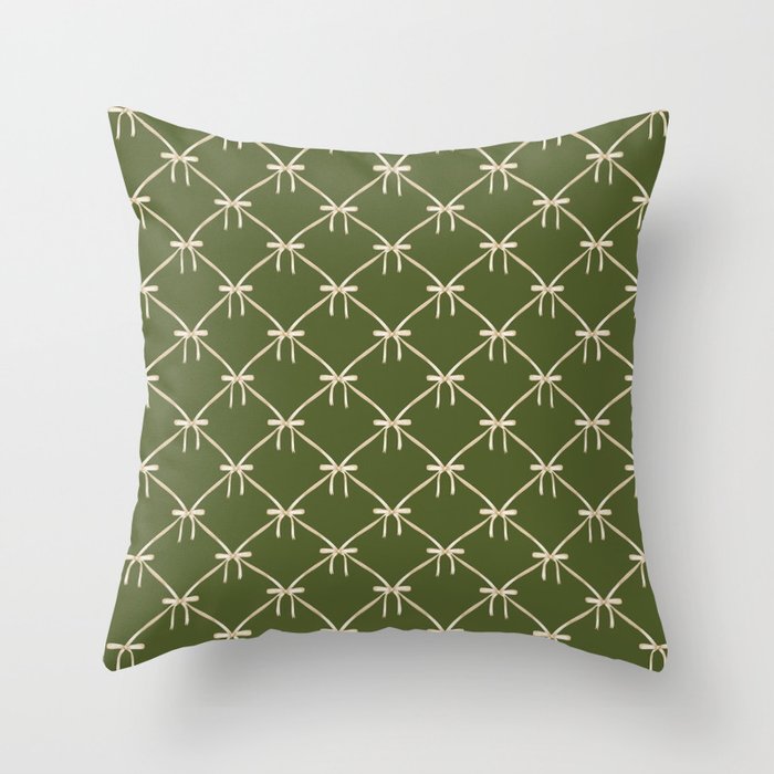 Bows & Ribbons Pattern XXII Dark Olive Green Throw Pillow Gallery Image 1