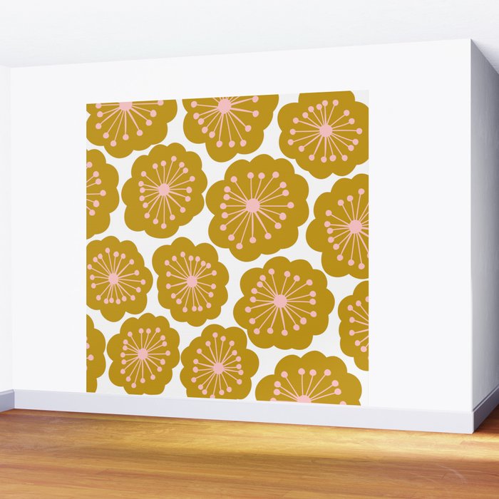 Mid Century Mod Flowers in Pink and Mustard Wall Mural Gallery Image 2