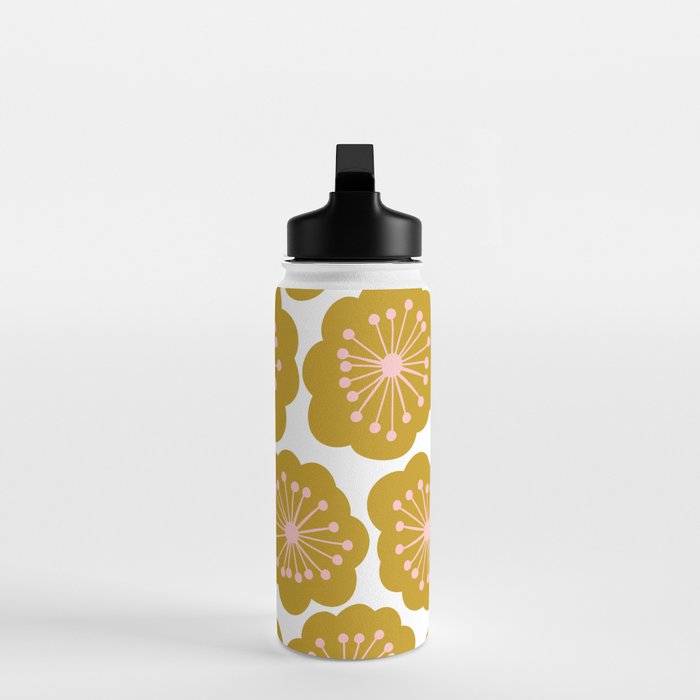 Mid Century Mod Flowers in Pink and Mustard Water Bottle Gallery Image 3