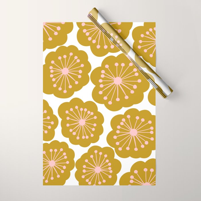 Mid Century Mod Flowers in Pink and Mustard Wrapping Paper Gallery Image 1