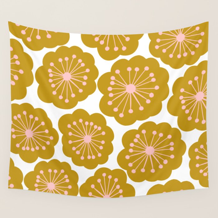 Mid Century Mod Flowers in Pink and Mustard Wall Tapestry Gallery Image 4