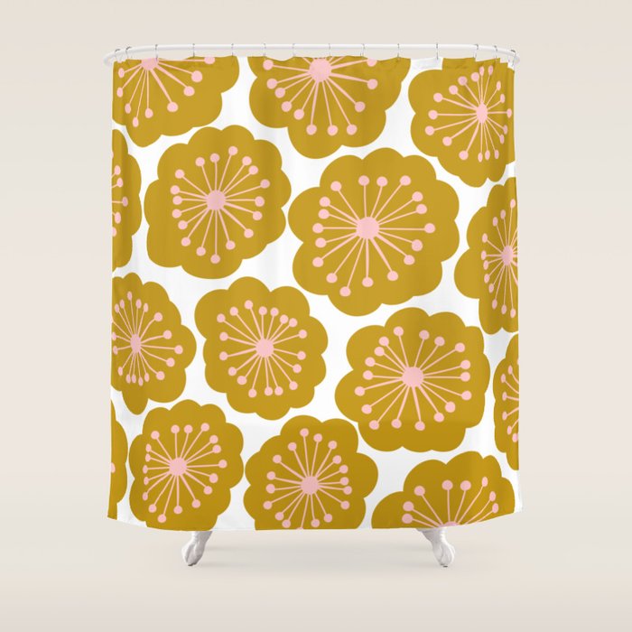 Mid Century Mod Flowers in Pink and Mustard Shower Curtain Gallery Image 1