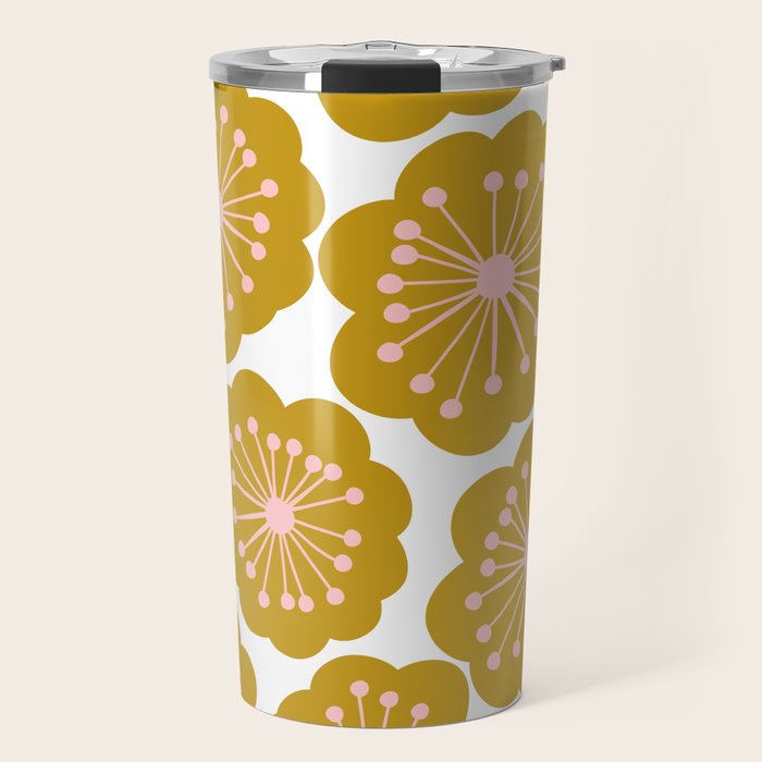 Mid Century Mod Flowers in Pink and Mustard Travel Mug Gallery Image 1