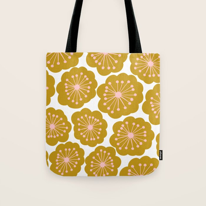 Mid Century Mod Flowers in Pink and Mustard Tote Bag Gallery Image 1