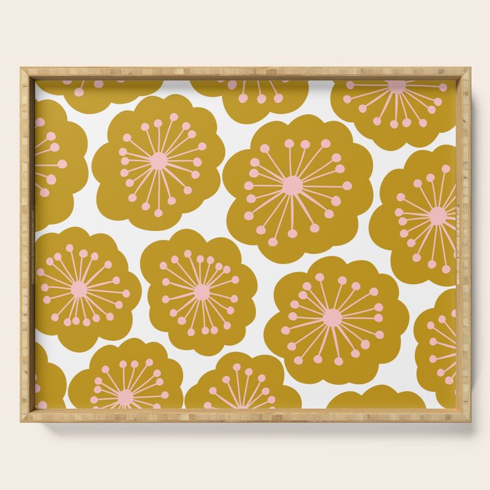 Mid Century Mod Flowers in Pink and Mustard Serving Tray Gallery Image 1