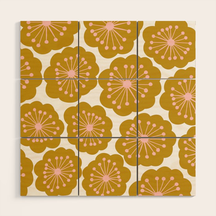 Mid Century Mod Flowers in Pink and Mustard Wood Wall Art Gallery Image 1