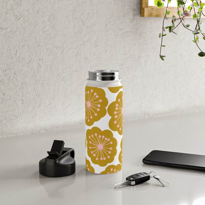 Mid Century Mod Flowers in Pink and Mustard Water Bottle Gallery Image 4