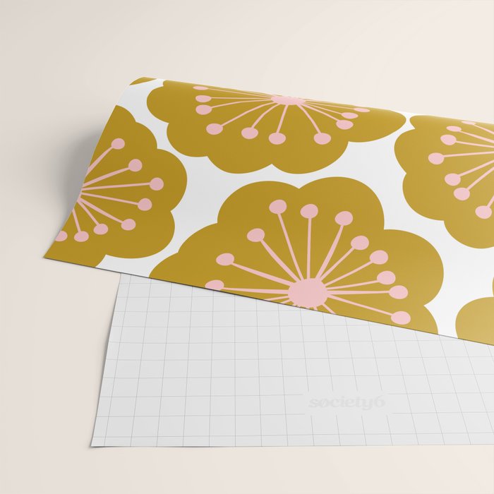 Mid Century Mod Flowers in Pink and Mustard Wrapping Paper Gallery Image 2