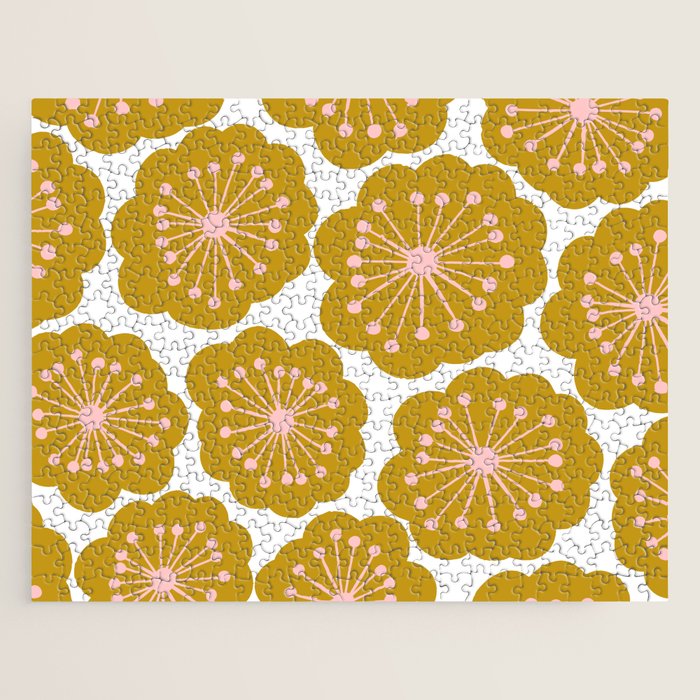 Mid Century Mod Flowers in Pink and Mustard Jigsaw Puzzle Gallery Image 1