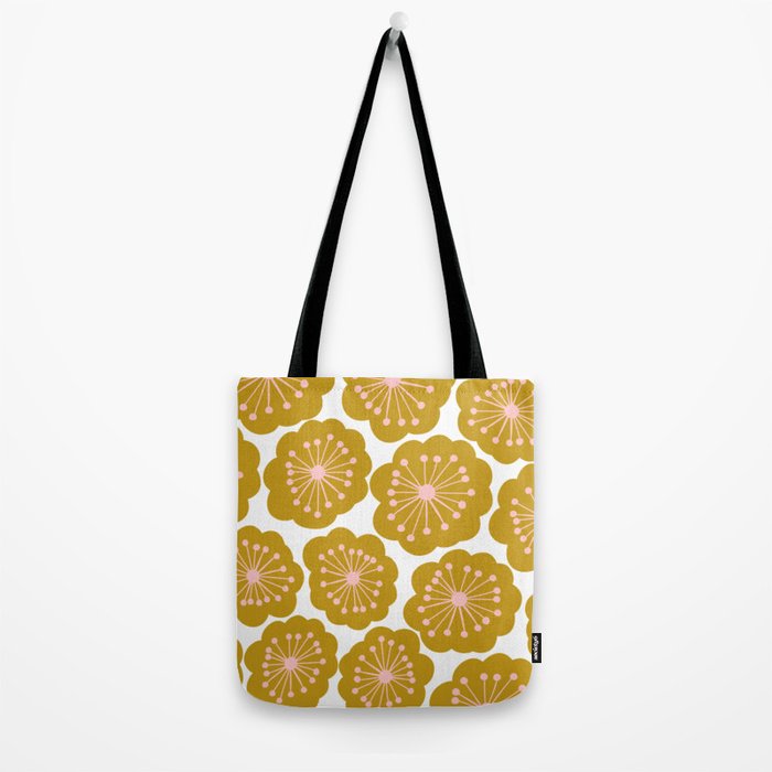 Mid Century Mod Flowers in Pink and Mustard Tote Bag Gallery Image 2