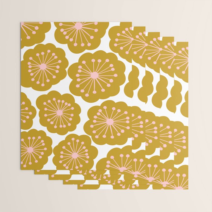 Mid Century Mod Flowers in Pink and Mustard Wrapping Paper Gallery Image 3