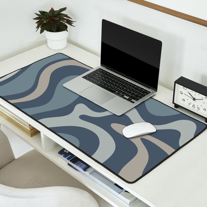 Retro Liquid Swirl Medium Square Abstract Pattern in Steel Blue-Gray Tones Desk Mat Gallery Image 2