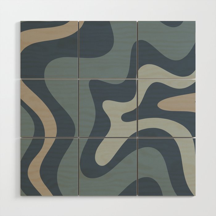Retro Liquid Swirl Medium Square Abstract Pattern in Steel Blue-Gray Tones Wood Wall Art Gallery Image 1