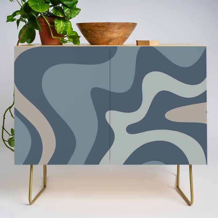 Retro Liquid Swirl Medium Square Abstract Pattern in Steel Blue-Gray Tones Credenza Gallery Image 1