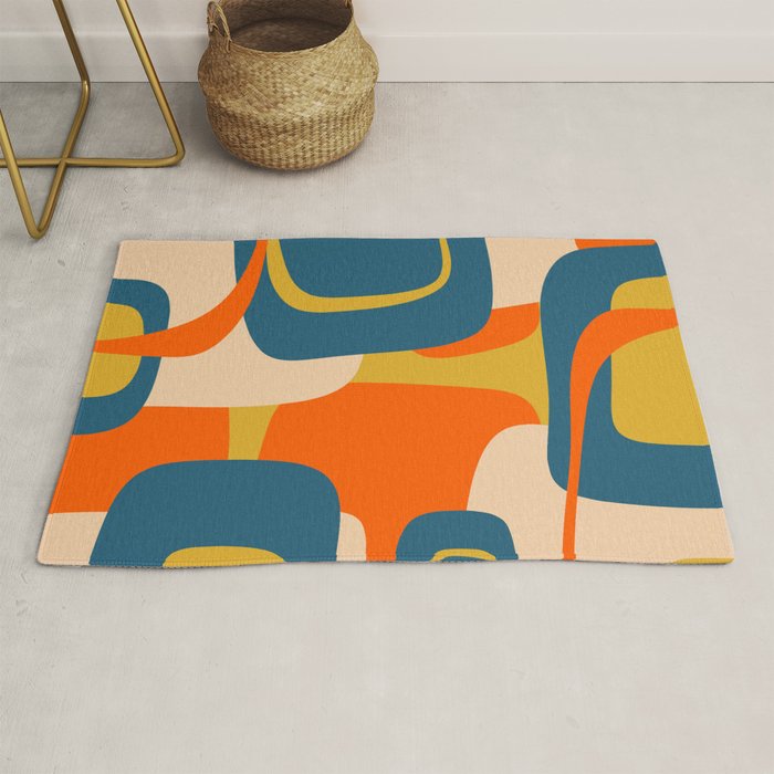 Mid Century Modern Retro Abstract Pattern Orange Blue Mustard Rug Gallery Image 1
