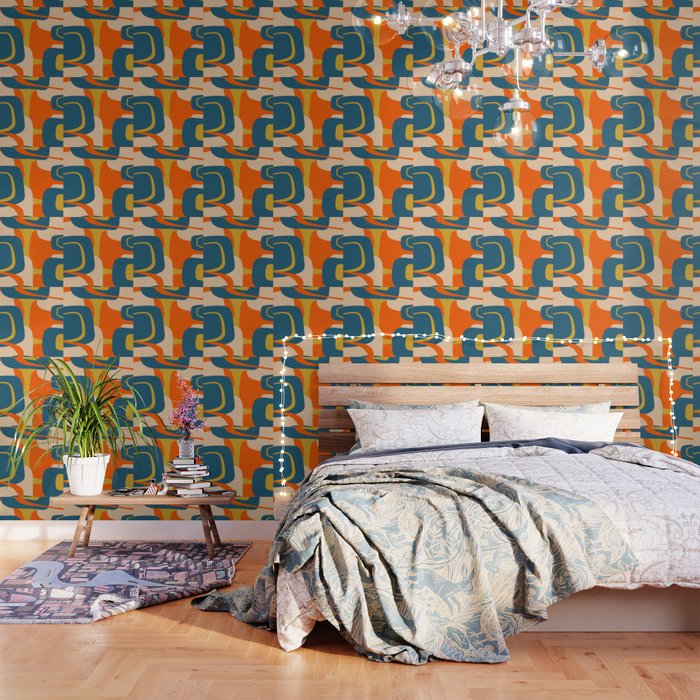 Mid Century Modern Retro Abstract Pattern Orange Blue Mustard Wallpaper Gallery Image 1