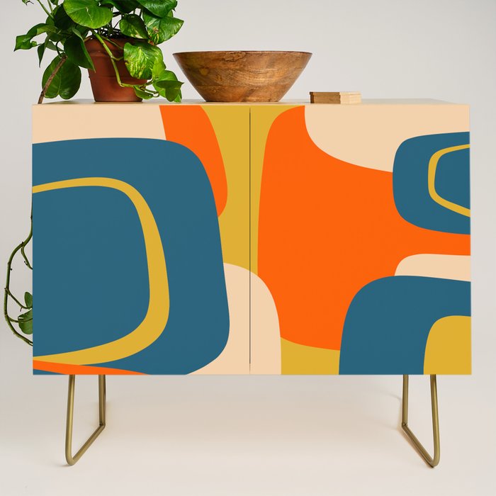 Mid Century Modern Retro Abstract Pattern Orange Blue Mustard Credenza Gallery Image 1
