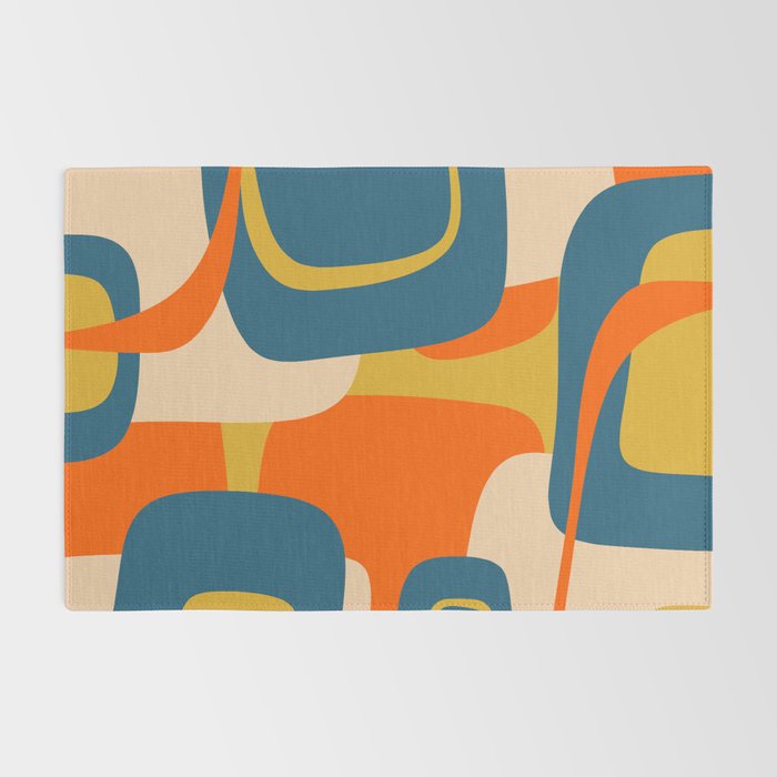 Mid Century Modern Retro Abstract Pattern Orange Blue Mustard Rug Gallery Image 2