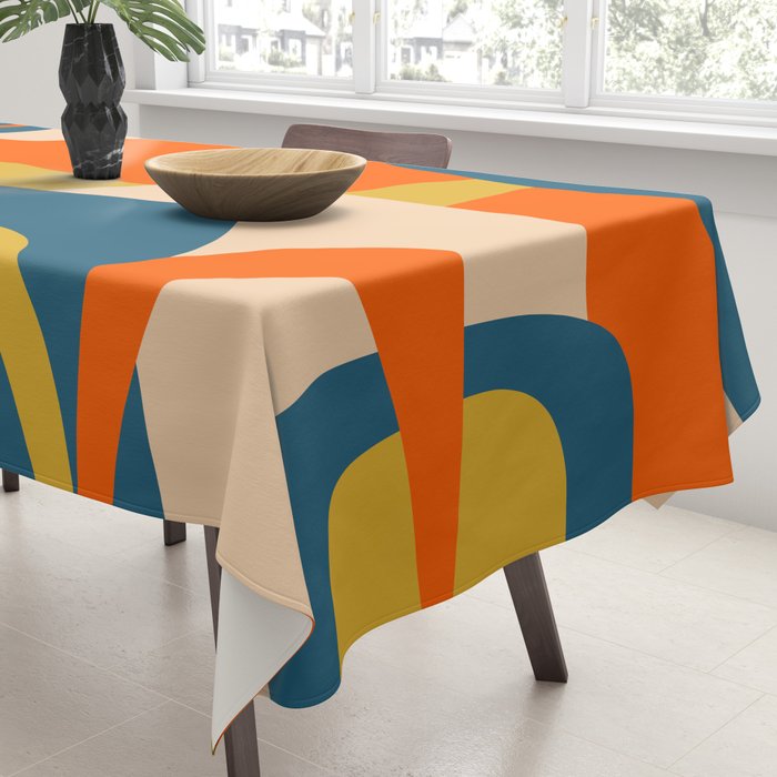 Mid Century Modern Retro Abstract Pattern Orange Blue Mustard Tablecloth Gallery Image 3