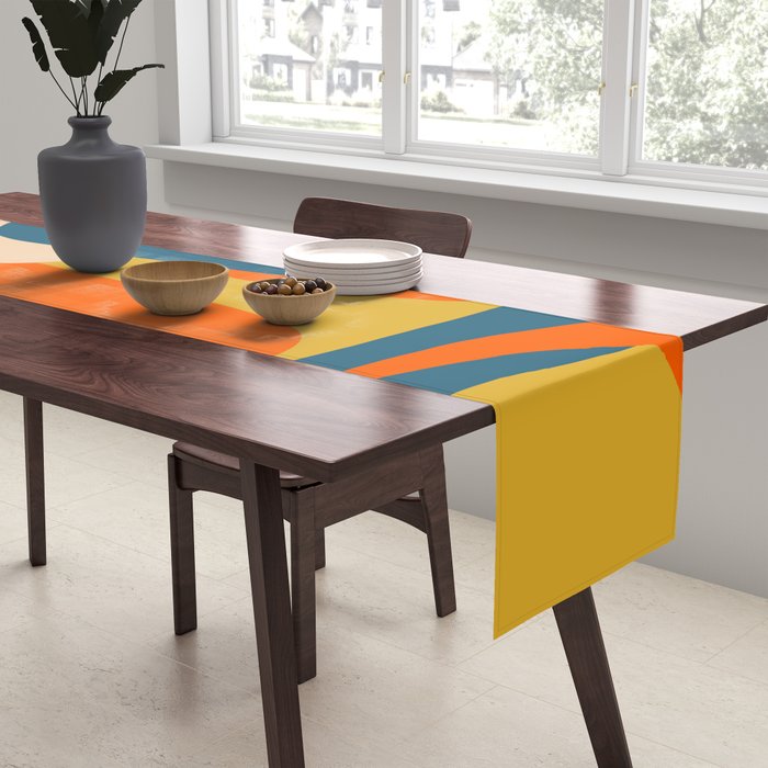 Mid Century Modern Retro Abstract Pattern Orange Blue Mustard Table Runner Gallery Image 2