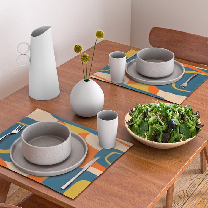 Mid Century Modern Retro Abstract Pattern Orange Blue Mustard Placemat Gallery Image 2